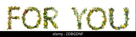 Flower, Branches And Blossom Letter Building English Word For You. White Isolated Background Stock Photo