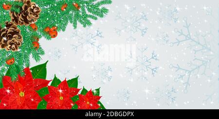 Christmas border with fir branches, cones, poinsettia flowers and rowan berries on shiny background. Christmas or New year banner. Vector illustration Stock Vector
