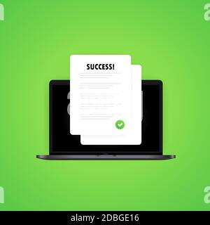 Survey checklist form or complete task list on laptop illustration. Successful result. Questionnaire report on screen, approved test or exam results Stock Vector