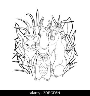 Kids coloring page with cute woodland animals, fox, deer, owl, bunny, bear. Isolated on white background. Line art style Stock Vector