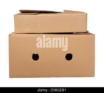 stack of closed cardboard brown paper boxes isolated on white background Stock Photo