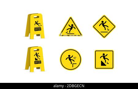Wet floor and cleaning in progress. Slippery floor sign, vector illustration. Slip danger icon set. Stock Vector