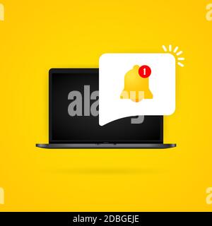 Notification bell on laptop display illustration. New message. Vector on isolated background. EPS 10 Stock Vector