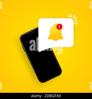 Notification bell on smartphone display illustration. New message. Vector on isolated background. EPS 10 Stock Vector