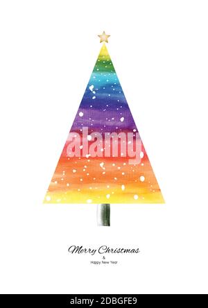 Rainbow watercolor Christmas tree with falling snow hand-painted isolated on white background. Vector illustration art used for decoration design abou Stock Vector