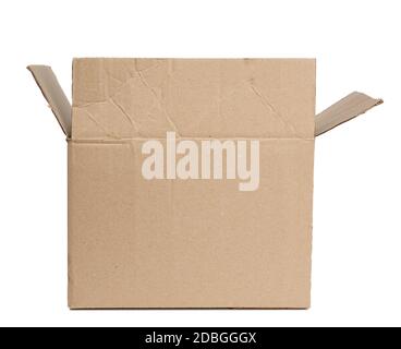 open rectangular box made of brown corrugated cardboard isolated on a white background Stock Photo