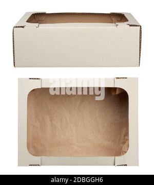 empty white paper box made of corrugated cardboard with parchment paper on the bottom and without a lid, containers for cookies and culinary products, Stock Photo