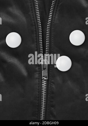 Badge on a Black leather jacket close-up view. Texture Background Stock Photo