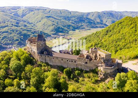 Aggstein ruin in Wachau Valley, Lower Austria. Famous old castle at the danube river. Stock Photo