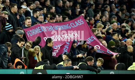 West Ham fans make a protest against their board during the Premier League match between Brighton and Hove Albion and West Ham United at the American Express Community Stadium in Brighton and Hove. 03 Feb 2018 - Photo Simon Dack / Telephoto Images Editorial Use Only Stock Photo