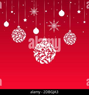 Winter background with flat white snowflakes, beads, stars and ornate balls on red background. New Year backdrop with border. Vector Christmas poster Stock Vector