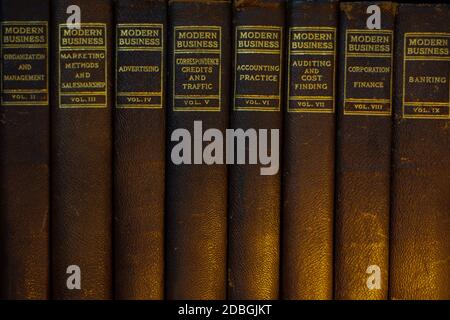 Series of leather bound vintage business and accounting books Stock Photo