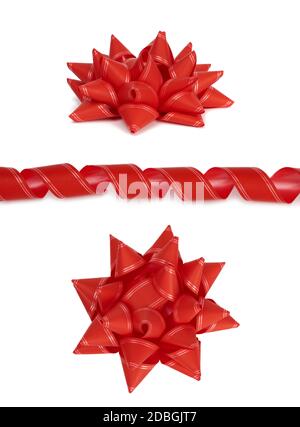 curled paper red decorative ribbon for tying gifts and red bow isolated on a white background, set Stock Photo