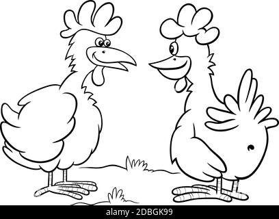Black and white cartoon illustration of two hens farm birds characters talking coloring book page Stock Vector