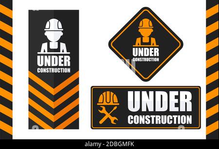 Warning sign under construction set. Black and orange color. Stock Vector