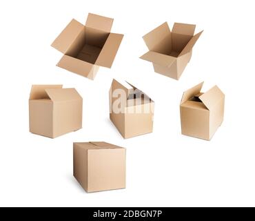Cardboard boxes close and open. Isolated on white background. Stock Photo