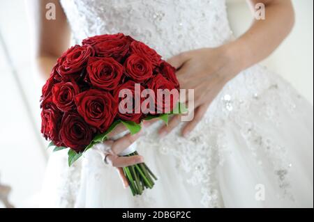 Bride holding a posy of deep red roses symbolising everlasting love in a close up on her hand in front of her bridal gown Stock Photo