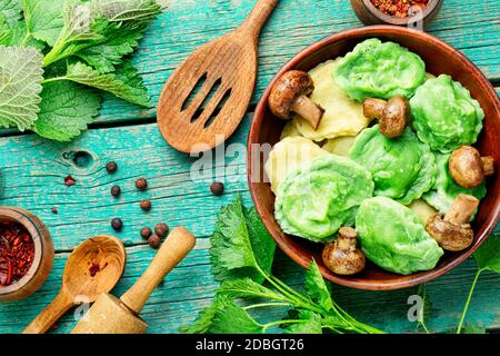 Appetizing Italian ravioli cooked with nettles and spinach Stock Photo