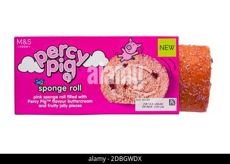 M&S Percy Pig sponge roll cake in box set on white background - pink sponge roll filled with Percy Pig flavour buttercream and fluffy jelly pieces Stock Photo