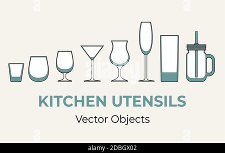 Glassware vector isolate set. Shot wine champagne cocktail brandy cognac balloon glasses mason jar vector illustration Stock Vector
