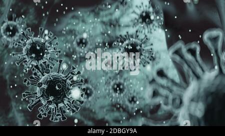 Coronavirus COVID-19, virus in xray 3d render illustration, microbiology and virology concept background
