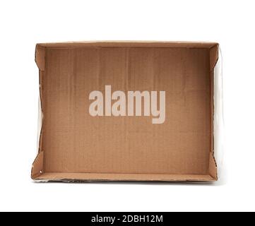 empty rectangular box of brown cardboard paper with transparent cellophane for transporting bottles isolated on a white background, top view Stock Photo