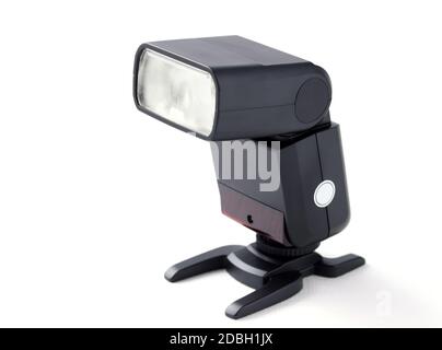 Photo camera flash on stand, isolated on white background Stock Photo