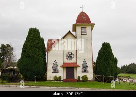 Santa Cruz Chapel on cloudy day in Puerto Varas, South Chile. Catholic religion concept Stock Photo