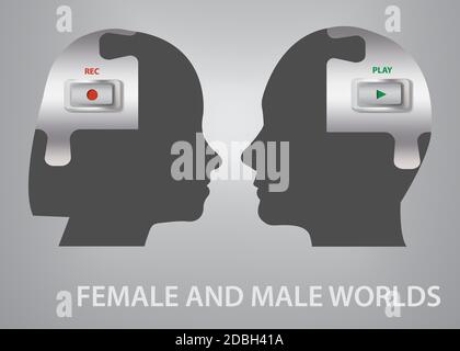 Female and male worlds concept vector showing silhouette of head od man and woman  with buttons Play and Record in their brain. Stock Photo