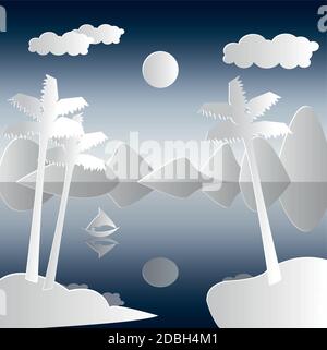Landscape with boat and palm trees in paper cut style. Vector illustration. Stock Vector