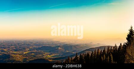 View from a peak of rocky Austrian mountain Schockl in Styria Graz. Place for tourism and hiking recreation. Stock Photo