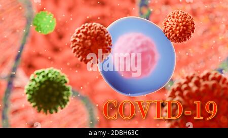 Image of Flu COVID-19 virus cell under the microscope on the blood.Coronavirus Covid-19 outbreak influenza background.Pandemic medical health risk con