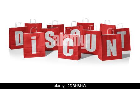 Red shopping bags forming the word discount on a white background Stock Photo