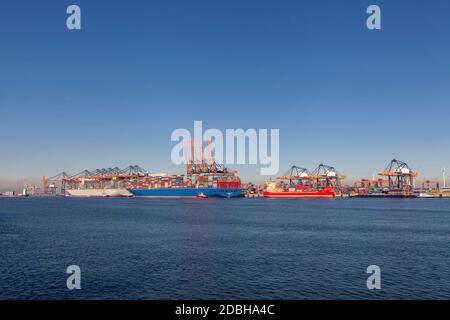 Large container vessel unloaded in Port of Rotterdam, Netherlands Stock Photo