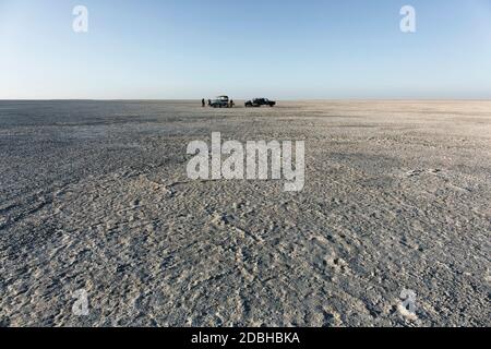 Campsite on Sua pan. scenic large flat area of salt pan desert, Makgadikgadi Botswana Stock Photo