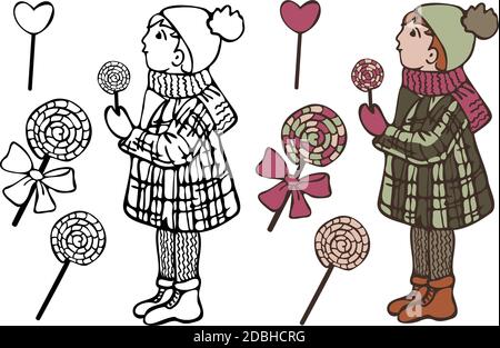 Vector illustration black and white and color sets of kid in winter clothes and different candies. New Year postcard or coloring book. Stock Vector