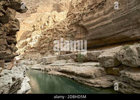 Wadi Shab, one of the most famous as well as beautifull wadi (valleys) in the arab sultanate Oman Stock Photo