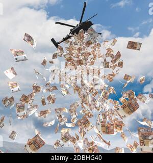 helicopter flies over a city and distributes money euro. helicopter money concept, undifferentiated financial aid. 3d render. Stock Photo