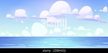 Sea landscape with calm water surface and clouds in blue sky. Vector cartoon illustration of ocean bay, harbor or lake. Summer scenery with tropical seascape and marine horizon Stock Vector