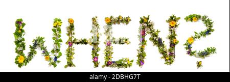 Flower, Branches And Blossom Letter Building English Word When. White Isolated Background Stock Photo