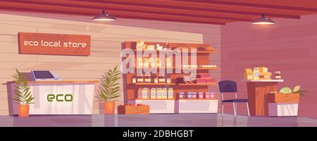 Local eco store empty interior, grocery shop with ecological production on wooden shelves. Dairy products, homemade sausages, bakery and honey, farmer food retail place, Cartoon vector illustration Stock Vector