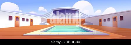 Swimming pool on cruise liner, empty ship deck with wooden floor and door portholes. Modern luxury sailboat in sea or ocean. Passenger vessel with water pond at summer time Cartoon vector illustration Stock Vector