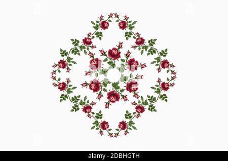3D Pattern for embroidery rhomboid frame from borders with roses of red-pink petals on a branch with green leaves and buds on a white background Stock Photo