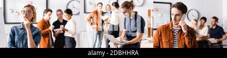 collage of young multicultural businesspeople working together in open space office, banner Stock Photo
