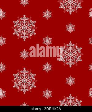 Snow seamless pattern. White repeated snowflakes on red background. Kaleidoscope christmas ornament. Vector holiday illustration for wrapping paper, textile, fabric and backdrop. Christmas festive illustration Stock Vector