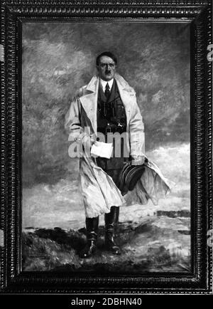 Adolf Hitler depictions in art and painting, here by Karl Rickelt, wearing trench coat, binoculars and party uniform. Stock Photo