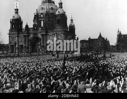 Adolf Hitler speaks in front of the Berlin Cathedral during a mass rally in Berlin. Stock Photo