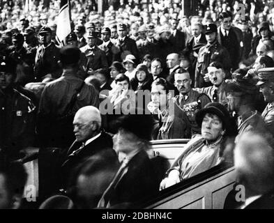 Rudolf Hess, Franz Pfeffer von Salomon and Adolf Hitler during a speech of Alfred Hugenberg (DNVP) at Circus Krone in Munich. Stock Photo