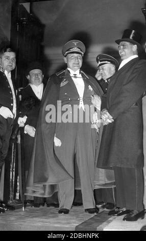 The picture shows Hermann Goering (in the foreground) with Heinrich Himmler (between Goering and Hess) and Rudolf Hess (on the right with a cylinder hat) on 26.03.1935. Stock Photo