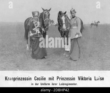 'Princess Viktoria Louise of Prussia (left) and Crown Princess Cecilie of Mecklenburg (right) wear the uniforms of their Lifeguards Regiments. Both women were heads of regiments, Viktoria Louise was head of the 2. Leib-Husaren-Regiment ''Koenigin Viktoria von Preussen'' Nr. 2 and Cecilie was head of the Dragoner-Regiment Koenig Friedrich III. (2. Schlesisches) Nr. 8. Photo from the year 1912.' Stock Photo